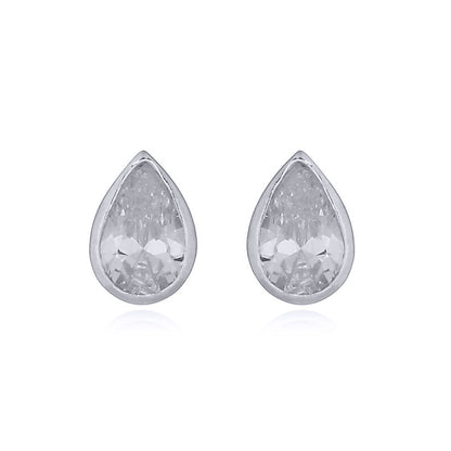 Silver  White Pear CZ Bezel Solitaire Tears of Joy Drop Earrings - AES157