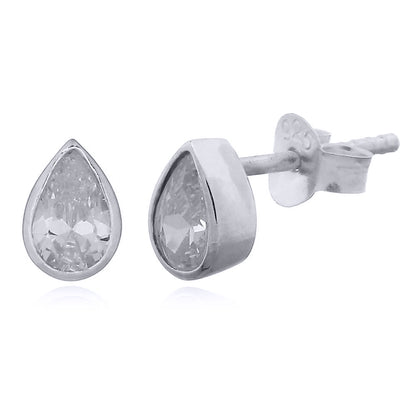 Silver  White Pear CZ Bezel Solitaire Tears of Joy Drop Earrings - AES157