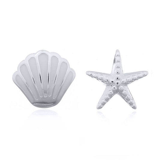 Silver Enamel Scallop Sea Shell Starfish Stud Earrings - AES162