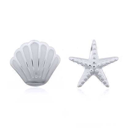 Silver  Enamel Scallop Sea Shell Starfish Stud Earrings - AES162