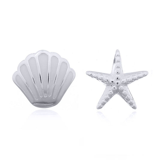 Silver  Enamel Scallop Sea Shell Starfish Stud Earrings - AES162
