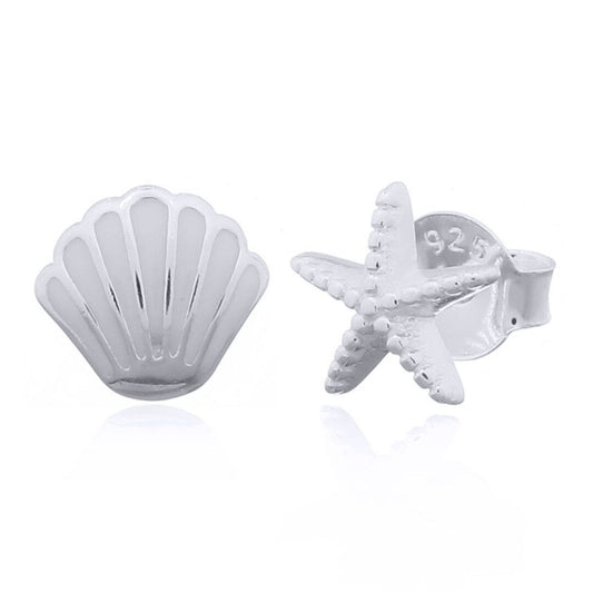 Silver  Enamel Scallop Sea Shell Starfish Stud Earrings - AES162