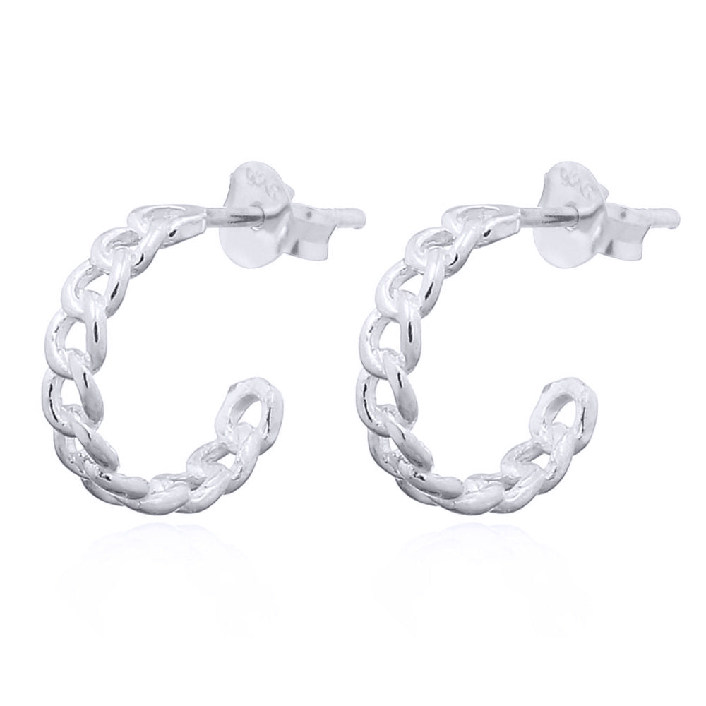 Silver  Curb Chain Link 3/4 Hoop Stud Earrings - AES166