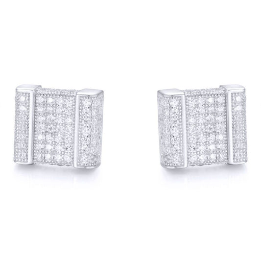 Silver  Round CZ Encrusted Accordion Cube Stud Earrings - AES168