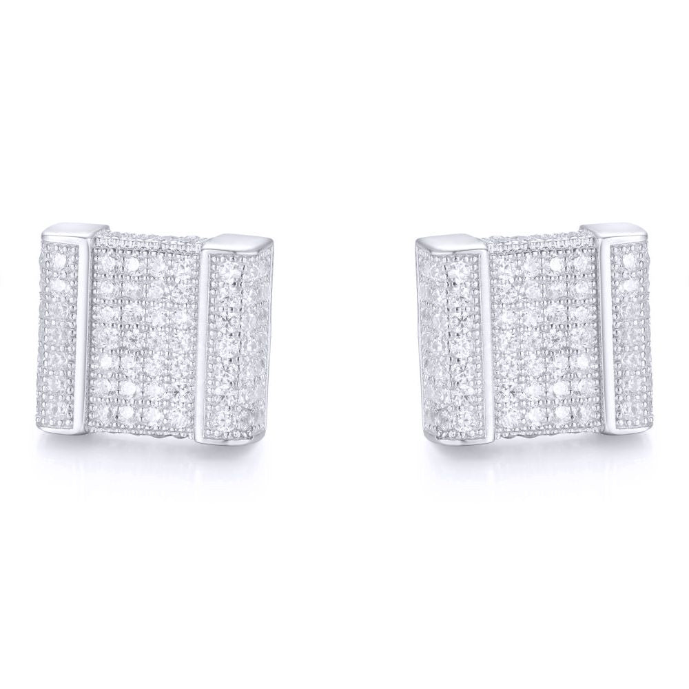Silver  Round CZ Encrusted Accordion Cube Stud Earrings - AES168