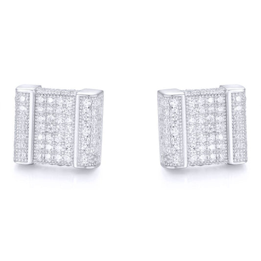 Silver  Round CZ Encrusted Accordion Cube Stud Earrings - AES168