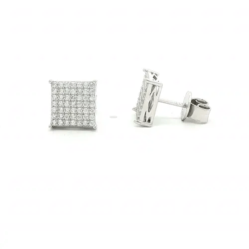 Silver  Round CZ Encrusted Square Stage Stud Earrings - AES169