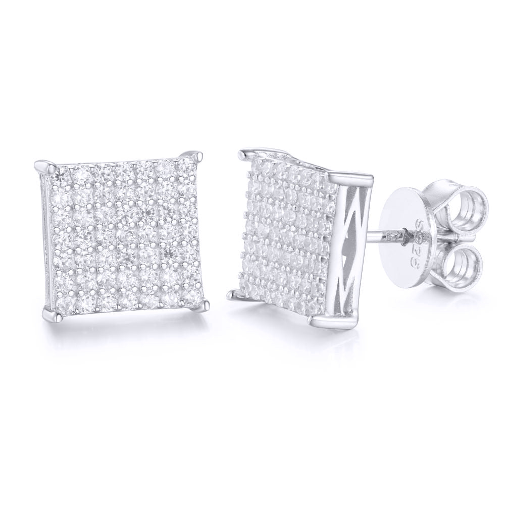 Silver  Round CZ Encrusted Square Stage Stud Earrings - AES169