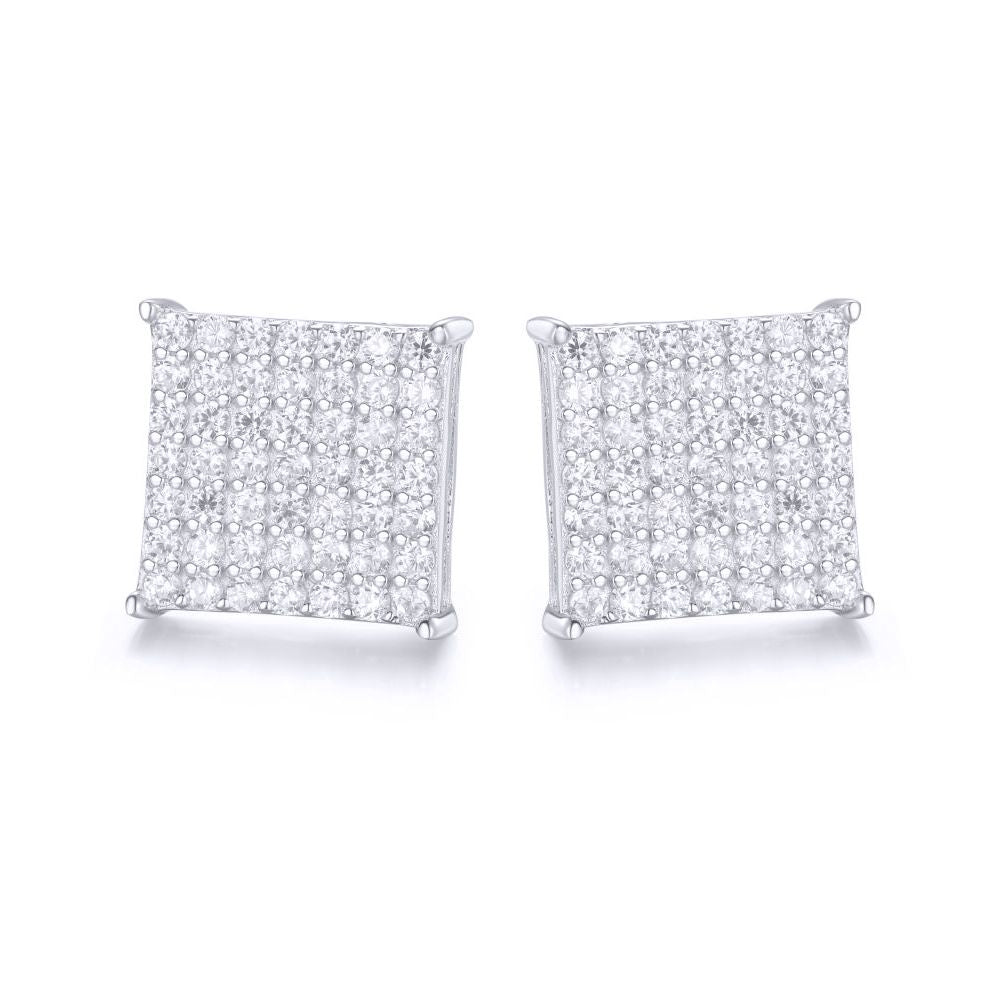 Silver  Round CZ Encrusted Square Stage Stud Earrings - AES169