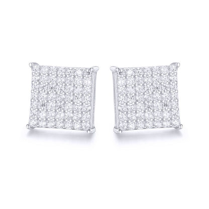 Silver  Round CZ Encrusted Square Stage Stud Earrings - AES169