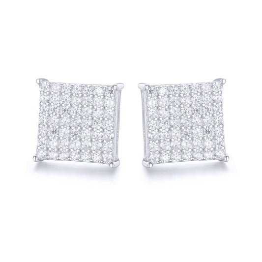 Silver  Round CZ Encrusted Square Stage Stud Earrings - AES169