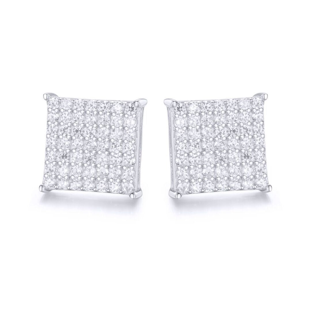 Silver  Round CZ Encrusted Square Stage Stud Earrings - AES169