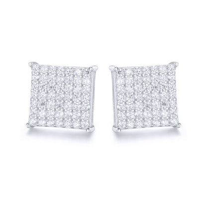 Silver  Round CZ Encrusted Square Stage Stud Earrings - AES169
