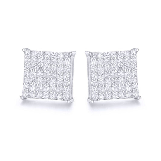 Silver  Round CZ Encrusted Square Stage Stud Earrings - AES169