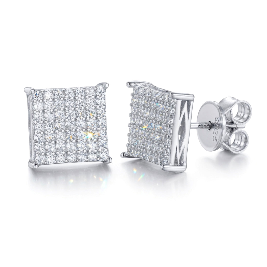 Silver  Round CZ Encrusted Square Stage Stud Earrings - AES169