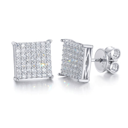 Silver  Round CZ Encrusted Square Stage Stud Earrings - AES169