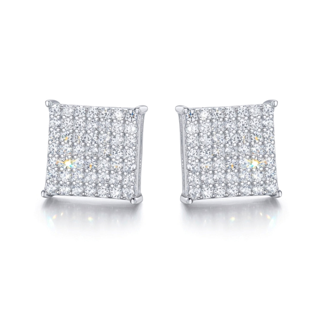 Silver  Round CZ Encrusted Square Stage Stud Earrings - AES169