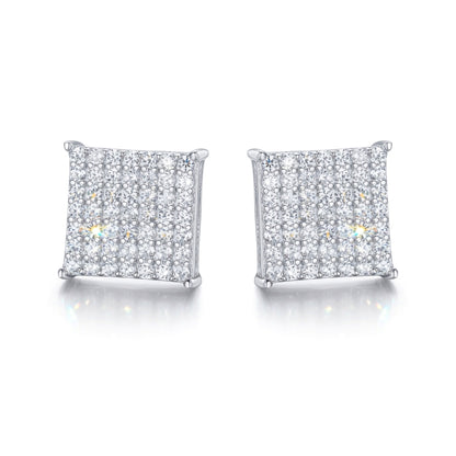 Silver  Round CZ Encrusted Square Stage Stud Earrings - AES169