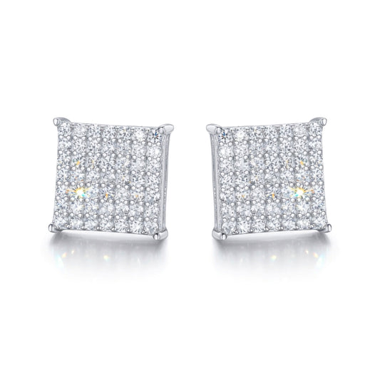 Silver  Round CZ Encrusted Square Stage Stud Earrings - AES169