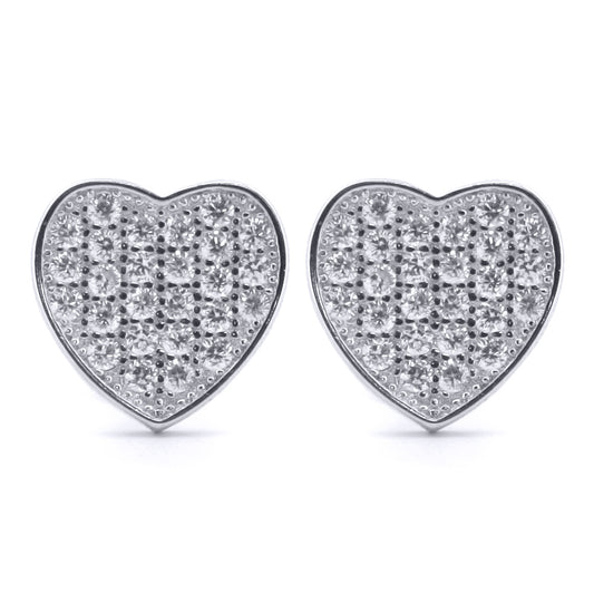 Silver  Round CZ Encrusted Love Heart Stud Earrings - AES172