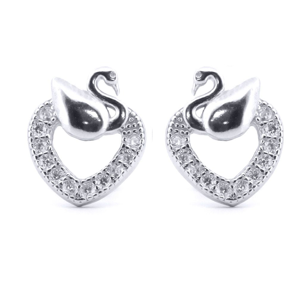 Silver  Round CZ Swan Love Heart Stud Earrings - AES173