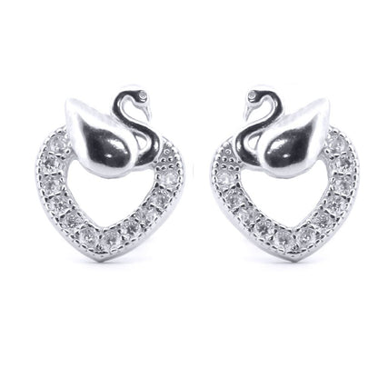 Silver  Round CZ Swan Love Heart Stud Earrings - AES173