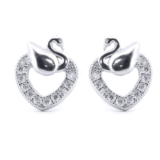 Silver  Round CZ Swan Love Heart Stud Earrings - AES173