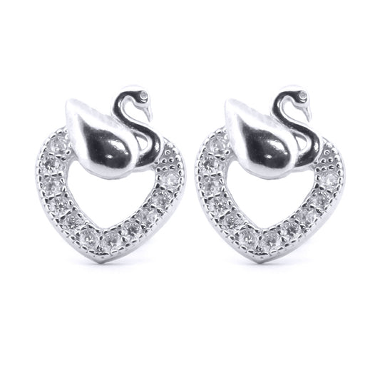 Silver  Round CZ Swan Love Heart Stud Earrings - AES173