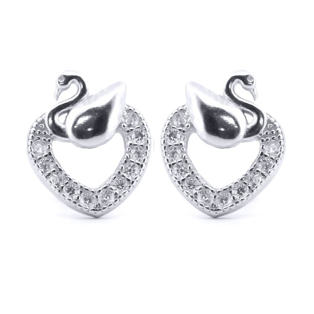 Silver  Round CZ Swan Love Heart Stud Earrings - AES173