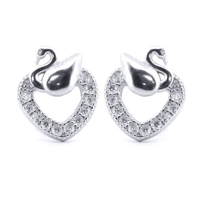 Silver  Round CZ Swan Love Heart Stud Earrings - AES173