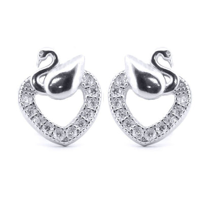 Silver  Round CZ Swan Love Heart Stud Earrings - AES173