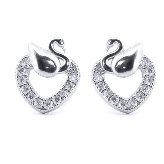 Silver  Round CZ Swan Love Heart Stud Earrings - AES173