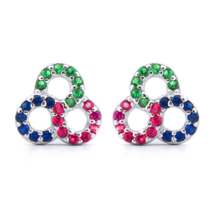Silver  Red Green Blue CZ Triple Infinity Knot RGB Stud Earrings - AES174