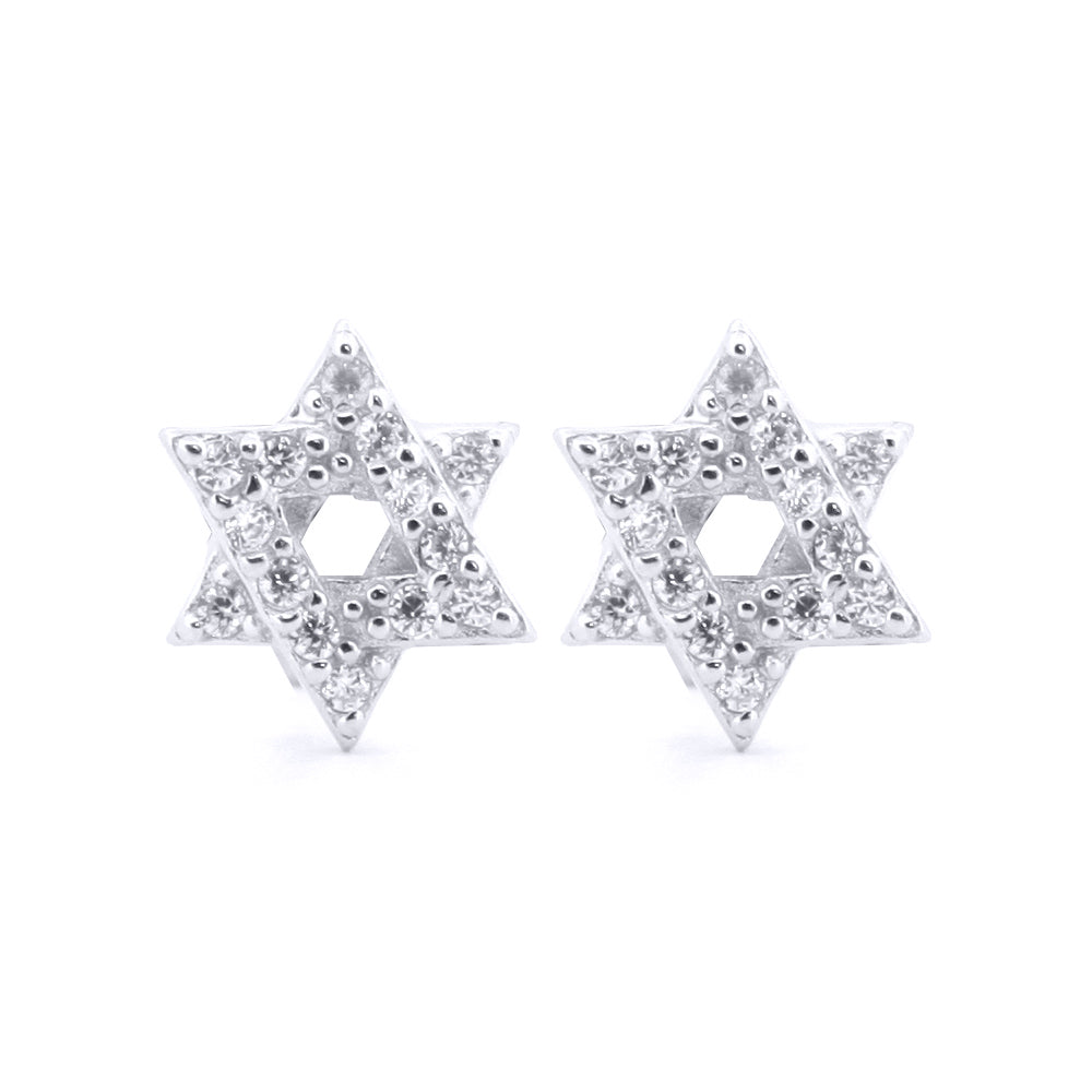 Silver  Round CZ Overlap Magen David Star Stud Earrings - AES175