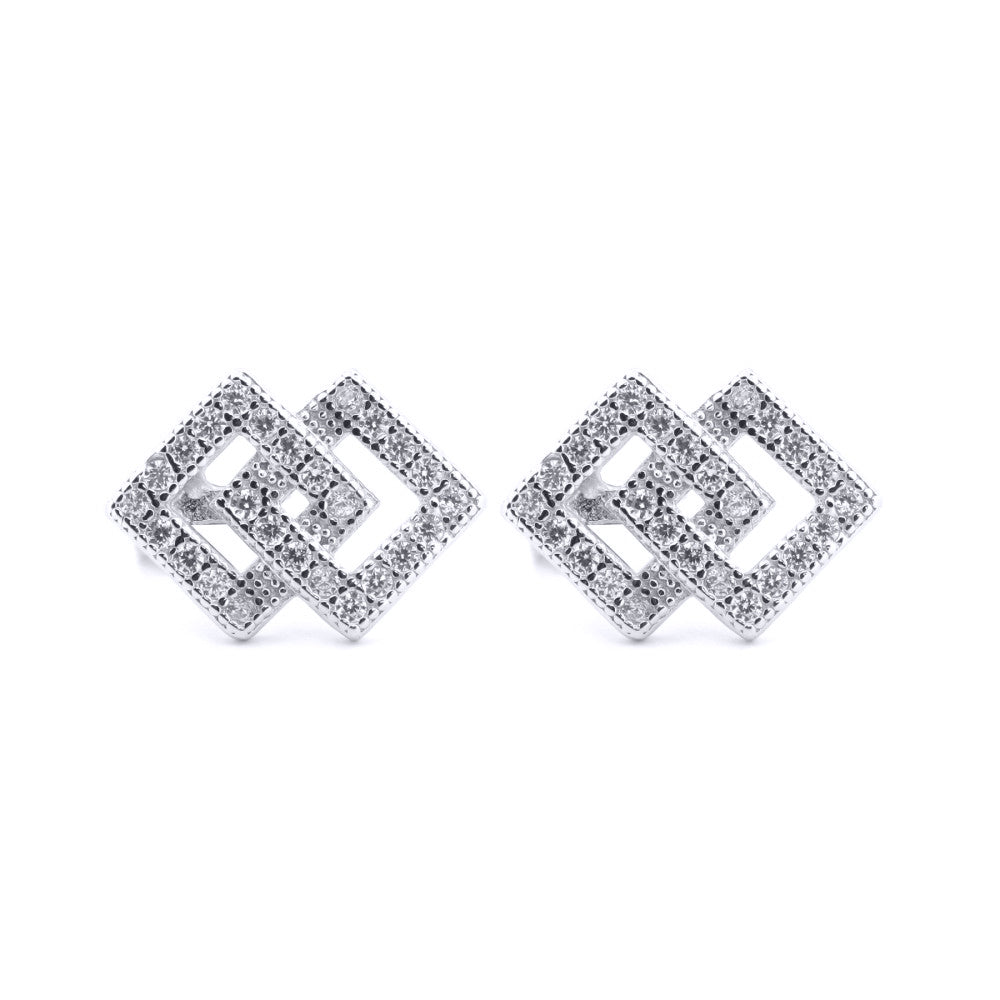 Silver  Round CZ Interlocking Squares "Copy" Icon Stud Earrings - AES176