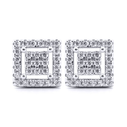 Silver  Round CZ Double Insulated Squares Stud Earrings - AES178