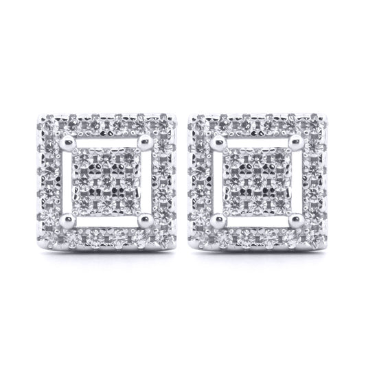 Silver  Round CZ Double Insulated Squares Stud Earrings - AES178