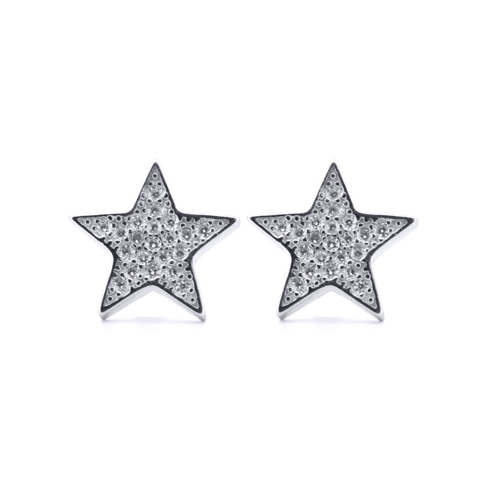 Silver  Round CZ Encrusted Sparkling Stars Stud Earrings - AES179