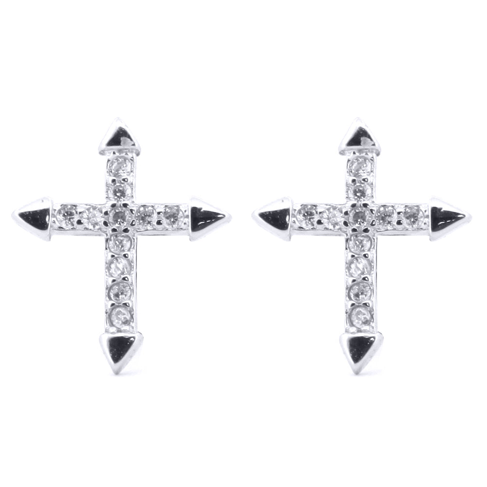 Silver  Round CZ Arrowhead Cross Stud Earrings - AES181