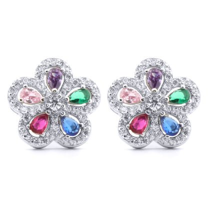 Silver  Rainbow Pear CZ Encrusted Hippy Daisy Flower Stud Earrings - AES182