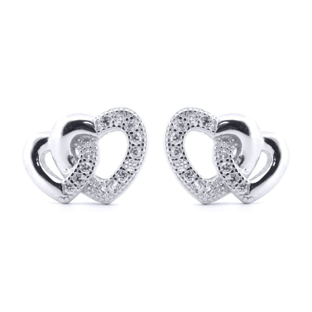 Silver  Round CZ Lil n Large Entangled Love Hearts Stud Earrings - AES183