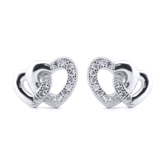 Silver  Round CZ Lil n Large Entangled Love Hearts Stud Earrings - AES183