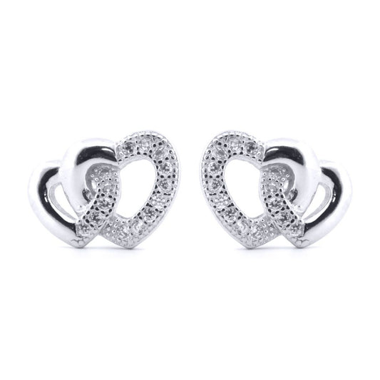 Silver  Round CZ Lil n Large Entangled Love Hearts Stud Earrings - AES183