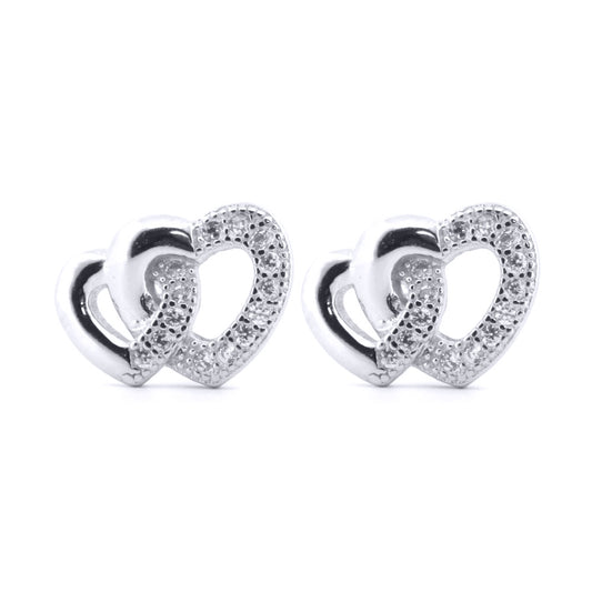 Silver  Round CZ Lil n Large Entangled Love Hearts Stud Earrings - AES183