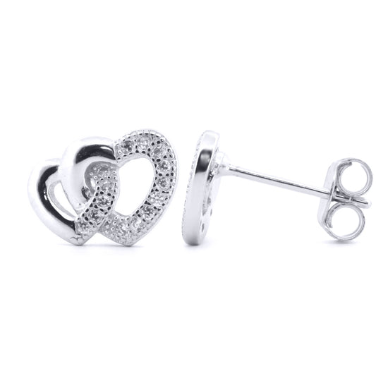 Silver  Round CZ Lil n Large Entangled Love Hearts Stud Earrings - AES183