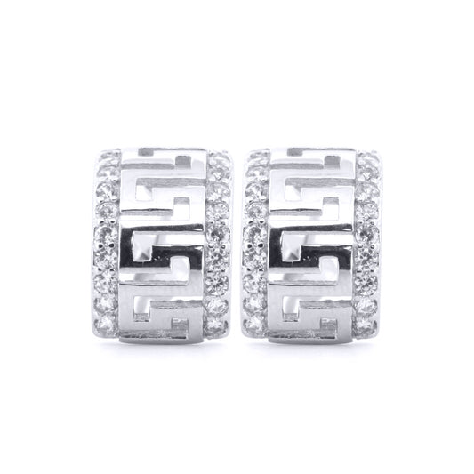 Silver  Round CZ Greek Key Semi Hoop Stud Earrings - AES184