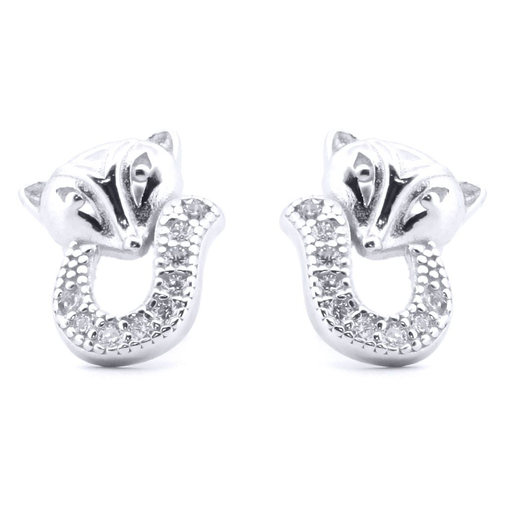 Silver  Round CZ Cute Fox Stud Earrings - AES185