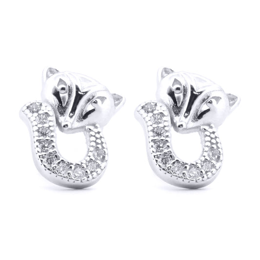 Silver  Round CZ Cute Fox Stud Earrings - AES185