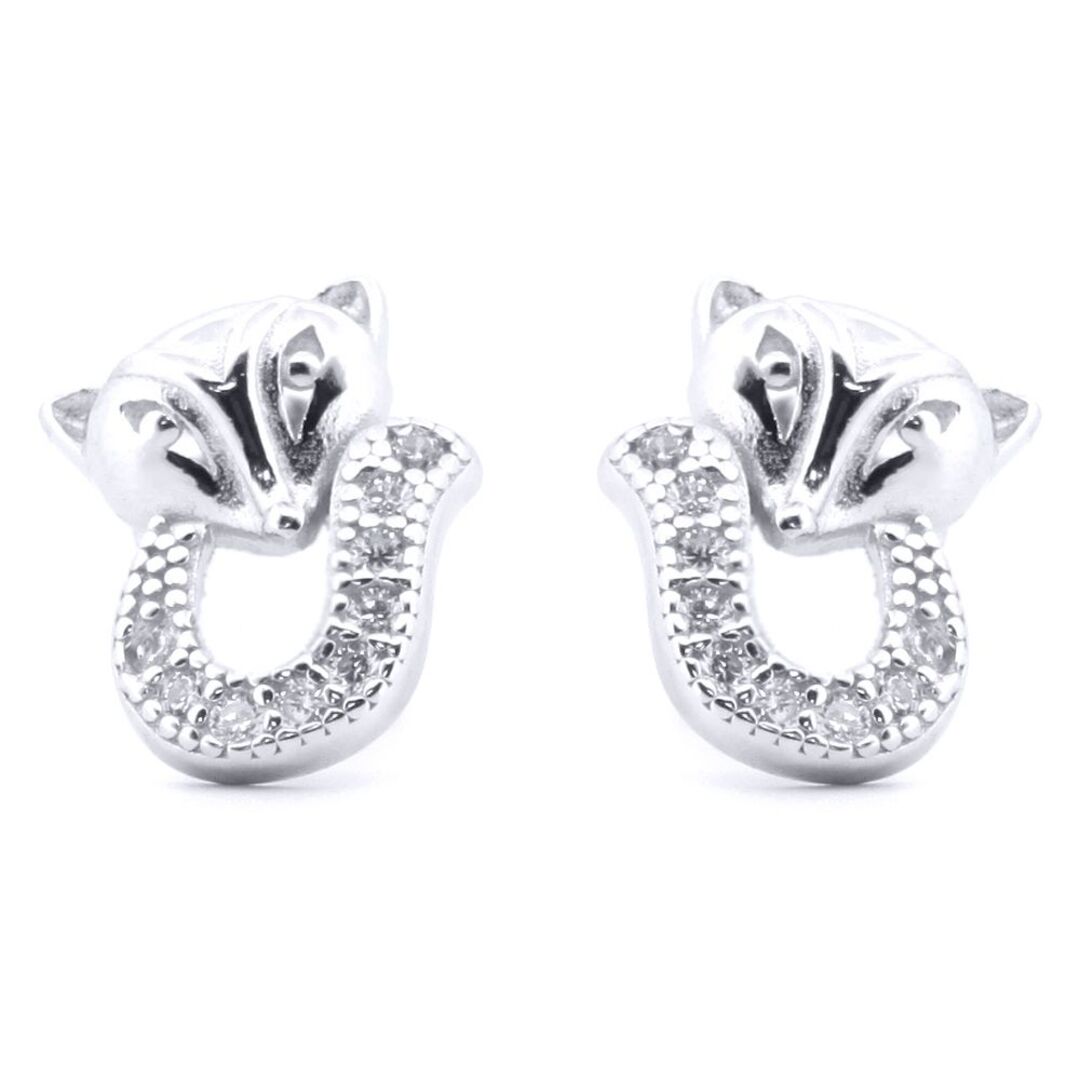 Silver  Round CZ Cute Fox Stud Earrings - AES185