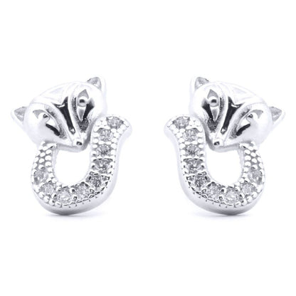 Silver  Round CZ Cute Fox Stud Earrings - AES185